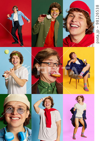 Photo set collage of portraits of emotional young man in diverse clothes expressing only positive happy emotions. Concept of fashion, emotions, lifestyle 98126538