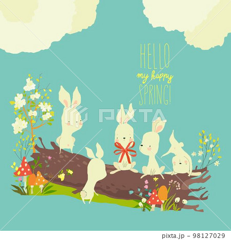 Funny Cartoon Rabbits sitting on Log in Spring Forest Funny Cartoon Rabbits sitting on Log in Spring Forest 98127029