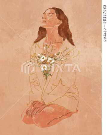 Bohemian woman is sitting on her knees. Hands on knees. Looks up, has a bouquet of flowers on her chest. Boho elegant poster. Abstract Minimal Background. Bohemian printable wall art, boho poster 98127638