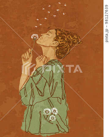 Gentle illustration of a woman blowing a dandelion. Cute illustration of calmness, serenity and happiness. Boho elegant poster. Abstract Minimal Background. Bohemian printable wall art, boho poster 98127639