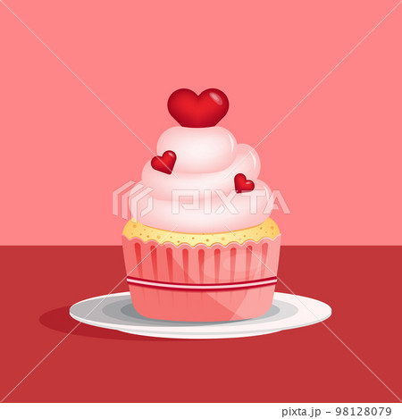 Cupcake with heart shapes cherry on the plate in flat style isolated on pink background. Love, valentines day concept. Vector illustration Cupcake with heart shapes cherry on the plate in flat style isolated on pink background. Love, valentines day concept. Vector illustration 98128079