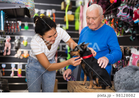 Woman choosing collar for her dog in pet shop Woman choosing collar for her dog in pet shop 98128082
