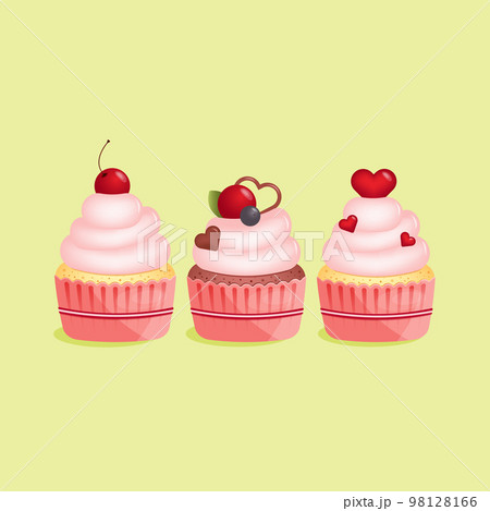 Set of three cupcakes with heart shape chocolate and cherry in flat style isolated on yellow background. Love, valentines day concept. Vector illustration 98128166