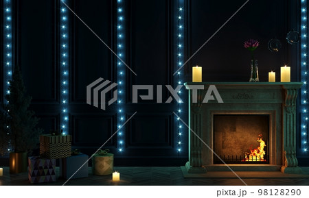 Classic Christmas fireplace in the night room Classic Christmas fireplace in the night room 98128290