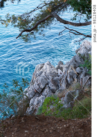 Top view of beautiful blue sea surface and fantastic rocky coast, Montenegro 98128408