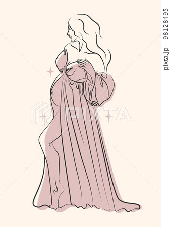 Profile of a pregnant woman in pink dress, drawing with one continuous line. 98128495