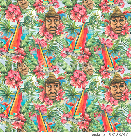 A tropical seamless pattern with a sailboat, flowers, palm leaves, pink flamingos and a Latin man. Watercolor illustration, bright, juicy, summer, beach from the CUBA collection. For fabric, textiles. 98128747