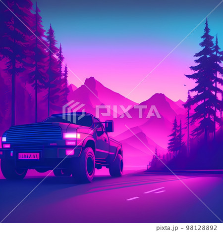 a truck driving down a road with a mountain in the background at sunset or dawn with a pink hue a truck driving down a road with a mountain in the background at sunset or dawn with a pink hue 98128892