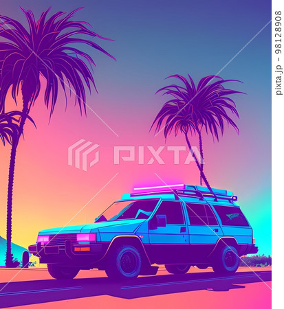 a blue suv parked in front of a cactus tree and with a purple and blue sky a blue suv parked in front of a cactus tree and with a purple and blue sky 98128908