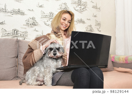 Gray shaggy dog is sitting on the couch in the arms of a girl who is working on a laptop. 98129144