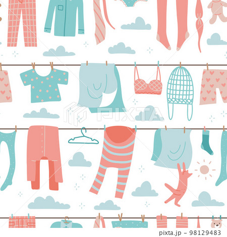 Seamless pattern with colorful laundry drying on a washing lines. Vector flat hand drawn illustration. 98129483