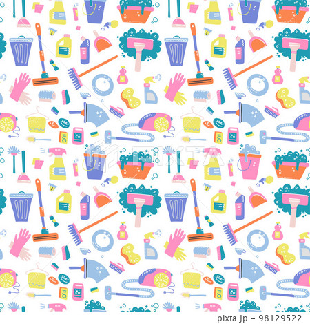 Doodle pattern of cleaning tools. Cleaning service. Home supplies. Flat hand drawn vector illustration on white background 98129522