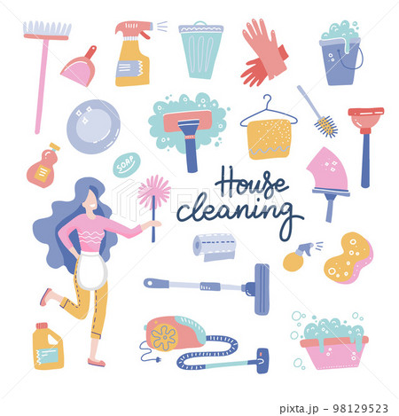 House Cleaning service woman character. Housekeeping icons of cleaning equipment. Vector cartoon flat style illustration. Isolated on white background with lettering 98129523