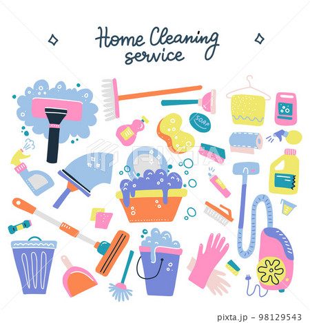 Hand drawn vector cleaning service tools concep. Cleaning equipment symbols. Detergent, iron, mop, dust pan, brushes, bleach, duster,washing liquid, vacuum cleaner, doodle icons, sketch with lettering 98129543