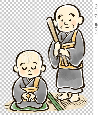 座禅を組む子供のお坊さんと警策を持ったお坊さんの手描きイラスト 座禅を組む子供のお坊さんと警策を持ったお坊さんの手描きイラスト 98129595