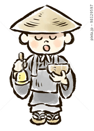 托鉢と鈴を持った修行中の子供のお坊さんの手描きイラスト 托鉢と鈴を持った修行中の子供のお坊さんの手描きイラスト 98129597