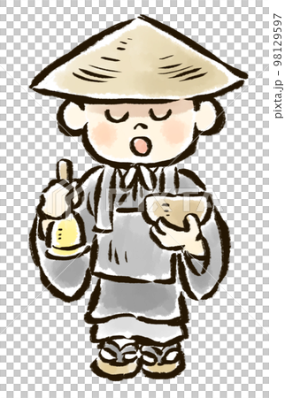 托鉢と鈴を持った修行中の子供のお坊さんの手描きイラスト 托鉢と鈴を持った修行中の子供のお坊さんの手描きイラスト 98129597