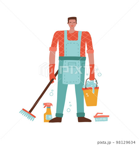 Cleaning male worker isolated flat cartoon character. Man in uniform holding mop and bucket. Vector professional staff, domestic cleaner and washing equipment. Home clean service. Vector illustration. 98129634