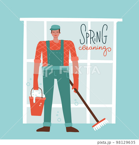 Man cleaning staff with mop and bucket. Happy male janitor in cap and uniform with equipment for washing floor. Male professional house worker or office cleaner. Flat vector illustration. 98129635