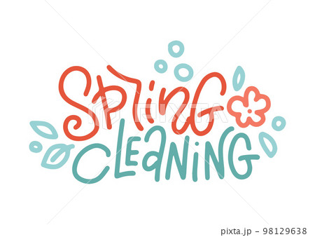Trendy lettering illustration of Spring cleaning. Funny calligraphy letters with flower, leaves and bubble. Concept for cleaning service, house work. Vector linear illustration for banner, sticker. Trendy lettering illustration of Spring cleaning. Funny calligraphy letters with flower, leaves and bubble. Concept for cleaning service, house work. Vector linear illustration for banner, sticker. 98129638