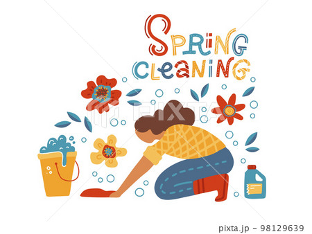 Housewife washing floor on knees. Woman cleaner using cloth and bucket. Spring cleaning concept with flowers. Girl doing housework. Cleaning service concept. Flat hand drawn vector illustration. Housewife washing floor on knees. Woman cleaner using cloth and bucket. Spring cleaning concept with flowers. Girl doing housework. Cleaning service concept. Flat hand drawn vector illustration. 98129639