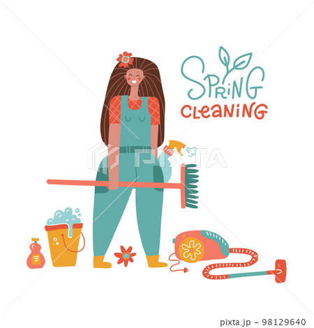 Funny woman cleaning home concept. Spring cleaning lettering card or banner. Flat isolated vector illustration of female cleaner vacuuming, cleaning and mopping. Funny woman cleaning home concept. Spring cleaning lettering card or banner. Flat isolated vector illustration of female cleaner vacuuming, cleaning and mopping. 98129640