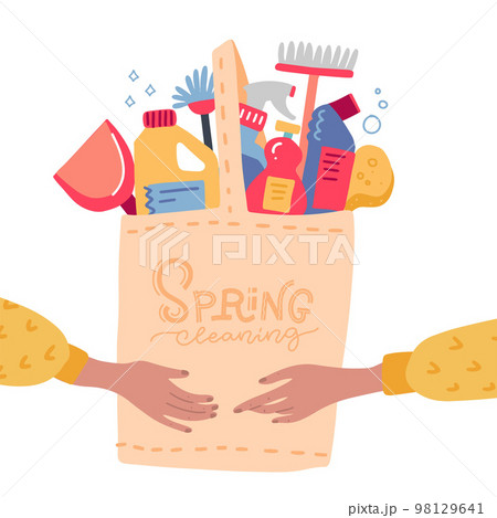 Two female hands holding eco bag with house cleaning tools and equipment. Clean home service concept. Spring cleaning lettering. Flat hand drwan vector illustration. Two female hands holding eco bag with house cleaning tools and equipment. Clean home service concept. Spring cleaning lettering. Flat hand drwan vector illustration. 98129641