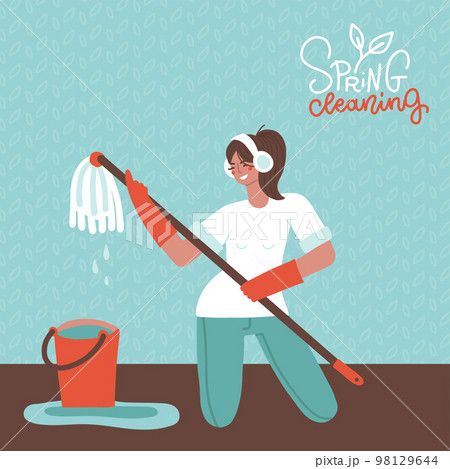 Girl with headphones washing the floor and having fun. Woman plays mop like guitar. Female character performs songs while Spring cleaning. Flat hand drawn vector banner with lettering text. Girl with headphones washing the floor and having fun. Woman plays mop like guitar. Female character performs songs while Spring cleaning. Flat hand drawn vector banner with lettering text. 98129644