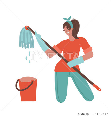House spring cleaning with fun. Happy housewife singing during cleanup, dancng with mop, enjoying domestic work. Female maid tidying her home with pleasure concept. Vector illustration 98129647