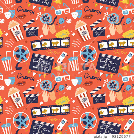 Flat cinema seamless pattern design with film reel, clapper, popcorn, 3D glasses. Cartoon flat Vector Illustration for print, fabric and web-design. Flat cinema seamless pattern design with film reel, clapper, popcorn, 3D glasses. Cartoon flat Vector Illustration for print, fabric and web-design. 98129677
