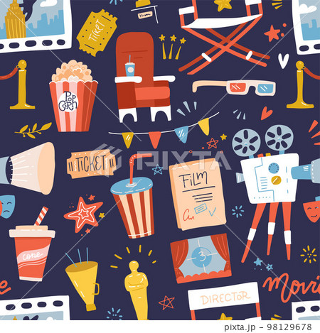 Seamless pattern with flat movie icons on dark blue background. Reel, Camera, Ticket, Clapperboard and Fast Food. Cartoon hand drawn Vector Illustration. 98129678