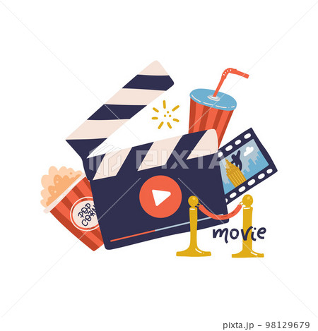Cinema, movie print concept template with clapper, popcorn, drink, velvet rope, isolated on white background Cinema, movie print concept template with clapper, popcorn, drink, velvet rope, isolated on white background 98129679