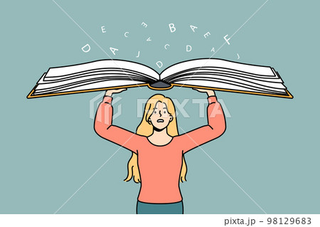 Anxious woman hold huge book  98129683
