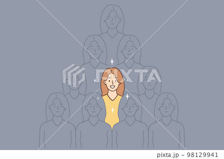 Smiling woman among grey identical people Smiling woman among grey identical people 98129941