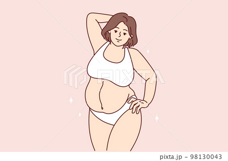 Plus size woman in lingerie standing in relaxed position, not embarrassed by own body. Vector image 98130043