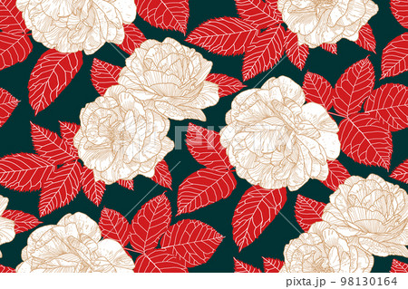 Floral seamless pattern with white and beige roses and red leaves on dark blue green backdrop. Hand drawn contour lines. Wallpaper design for textiles, paper, print, fashion, fabric, card background 98130164