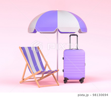 Colorful beach rings, chair, umbrellas and lugagge on pink background. 98130694