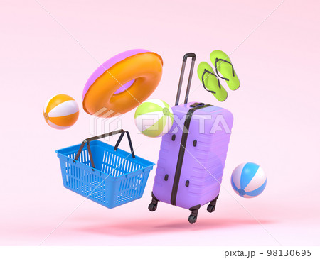 Colorful luggage with beach accessories and shopping basket on pink background. 98130695