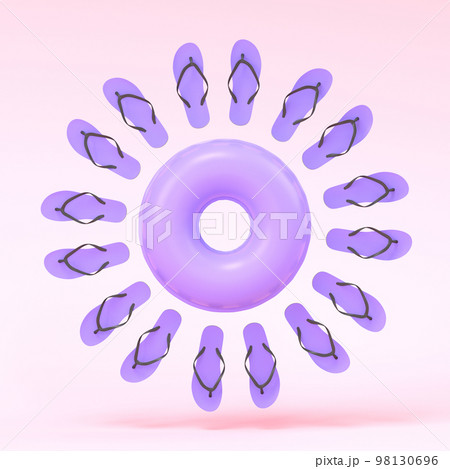 Colorful inflatable ring and flip flops like sun on pink background 98130696