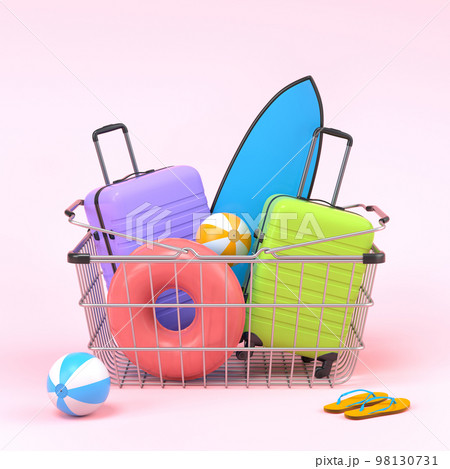 Colorful luggage with beach accessories in shopping basket on pink background. Colorful luggage with beach accessories in shopping basket on pink background. 98130731