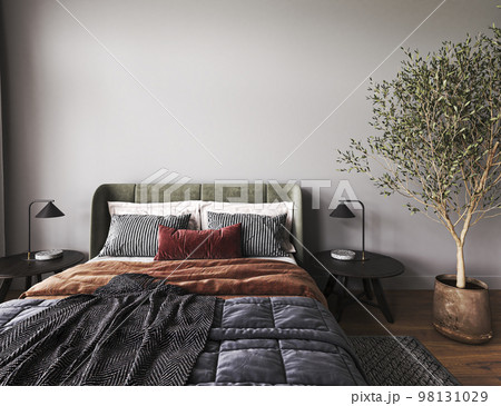 Dark gray bedroom interior mockup with bright color orange, red, green. Bed on empty dark wall background. Scandinavian modern style. 3d render. High quality 3d illustration 98131029