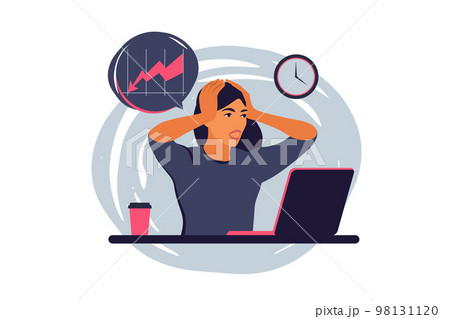 Exhausted office worker woman tired of the huge amount of work. Deadline, stress, depression at work. Workplace burnout concept. Vector illustration. Exhausted office worker woman tired of the huge amount of work. Deadline, stress, depression at work. Workplace burnout concept. Vector illustration. 98131120