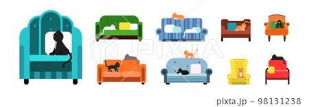 Cat Pet Sitting on Armchair and Sofa at Home Vector Set 98131238
