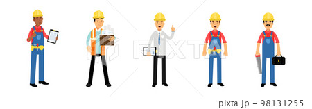Man Builder and Construction Worker in Hard Hat and Overall Working at Site Vector Set 98131255