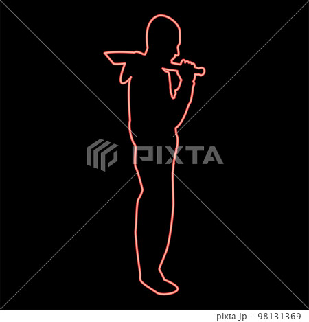 Neon man with sword machete Cold weapons in hand military man Soldier Serviceman in positions Hunter with knife Fight poses Strong defender Warrior concept Weaponry Stand red color vector 98131369