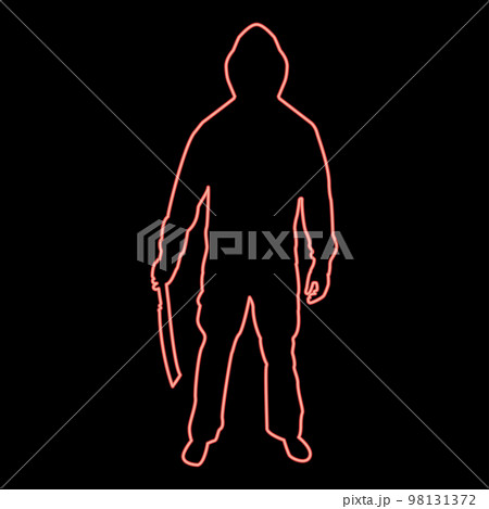 Neon man with sword machete Cold weapons in hand military man Soldier Serviceman in positions Hunter with knife Fight poses Strong defender Warrior concept Weaponry Stand red color vector Neon man with sword machete Cold weapons in hand military man Soldier Serviceman in positions Hunter with knife Fight poses Strong defender Warrior concept Weaponry Stand red color vector 98131372