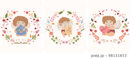 Banner for St. Valentine with a dreamy cupid holding a card, flowers and leaves around. A little angel as a symbol of love. Composition for greeting cards, posters, banners. Vector illustration. 98131653