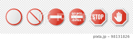 Vector White and Red Glossy Prohibition Stop Signs - Warning, Danger Sign Frame Icon Set Isolated. Dangerous Plates Collection. Design Template of Road Sign, Top View Vector White and Red Glossy Prohibition Stop Signs - Warning, Danger Sign Frame Icon Set Isolated. Dangerous Plates Collection. Design Template of Road Sign, Top View 98131826