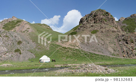 Traditional Yurt tent in Kyrgyzstan countryside. Yurt tents are traditional, portable tents made of felt that are used as a form of accommodation in the country. Traditional Yurt tent in Kyrgyzstan countryside. Yurt tents are traditional, portable tents made of felt that are used as a form of accommodation in the country. 98132683