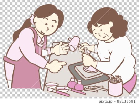 精神科作業療法　皮細工のプラグラムに参加する統合失調症の女性と作業療法士のイラスト　シンプル 98133591